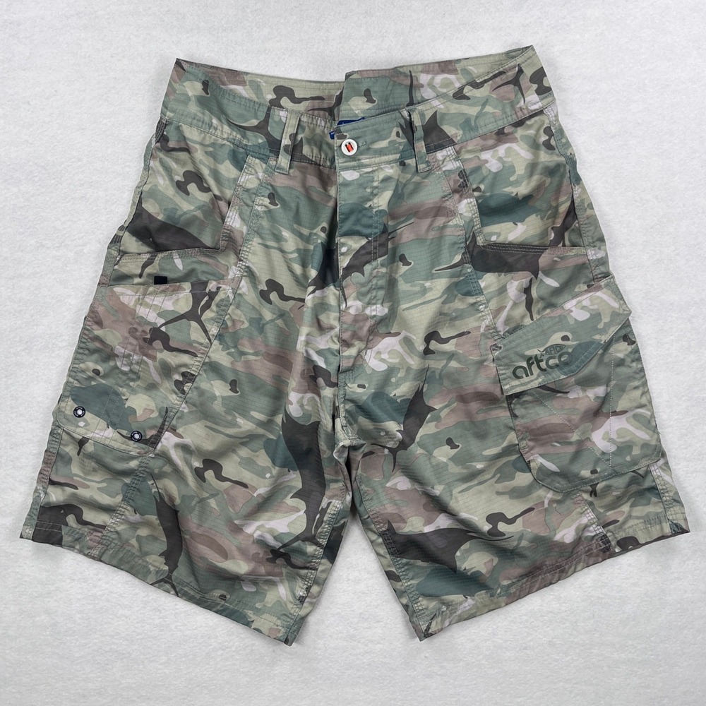 AFTCO Mens Tactical Fishing Shorts Green Camo Marlin Ripstop Cargo Size 36